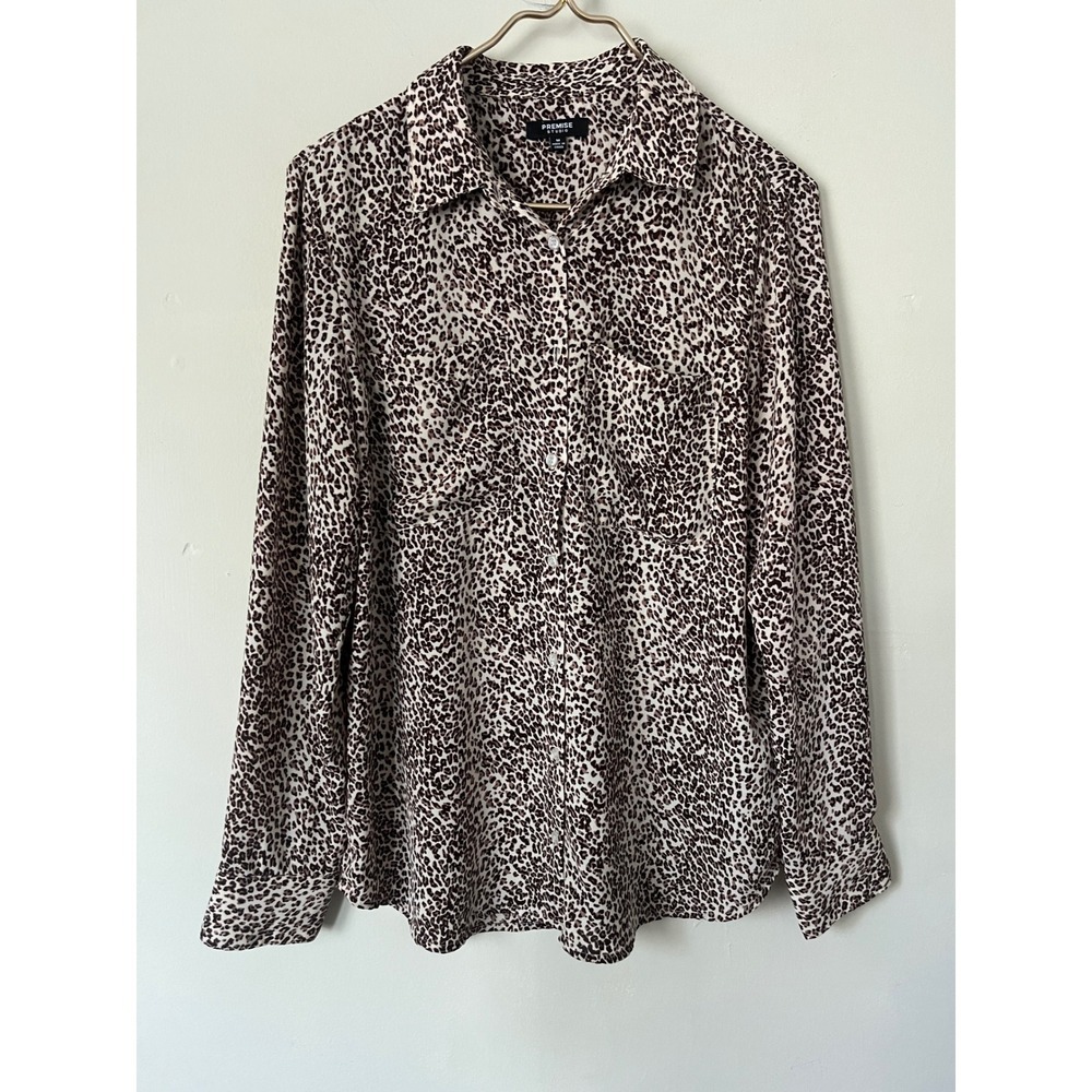 Premise Studio Womens Leopard Print Button Down Blouse Long Sled e M casual chic